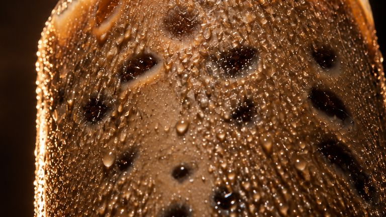 Macro of condensation beading on a cold glass of iced coffee against a dark background