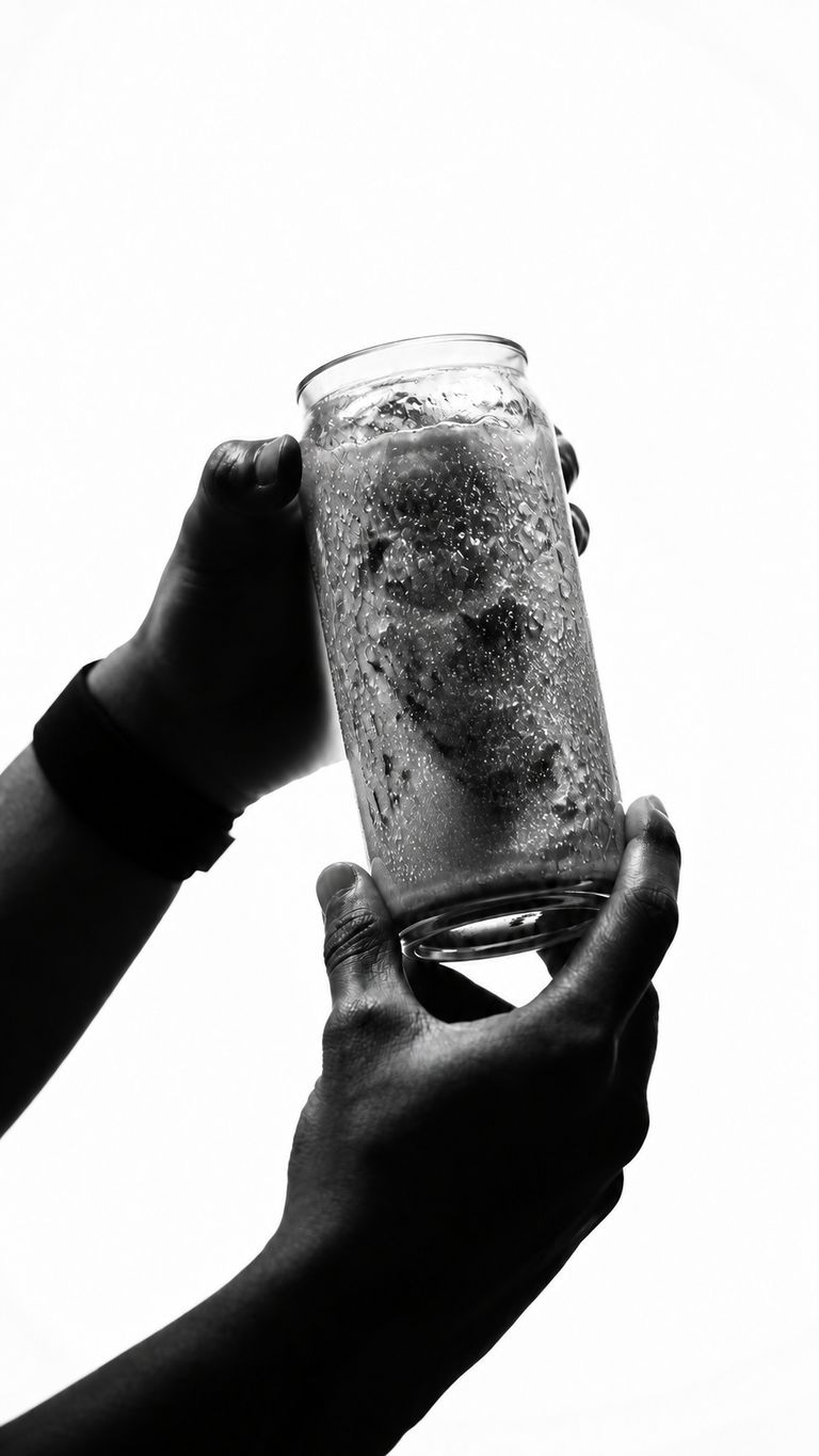 Black-and-white photo of two hands raising a cold glass of iced coffee against a bright backlit sky