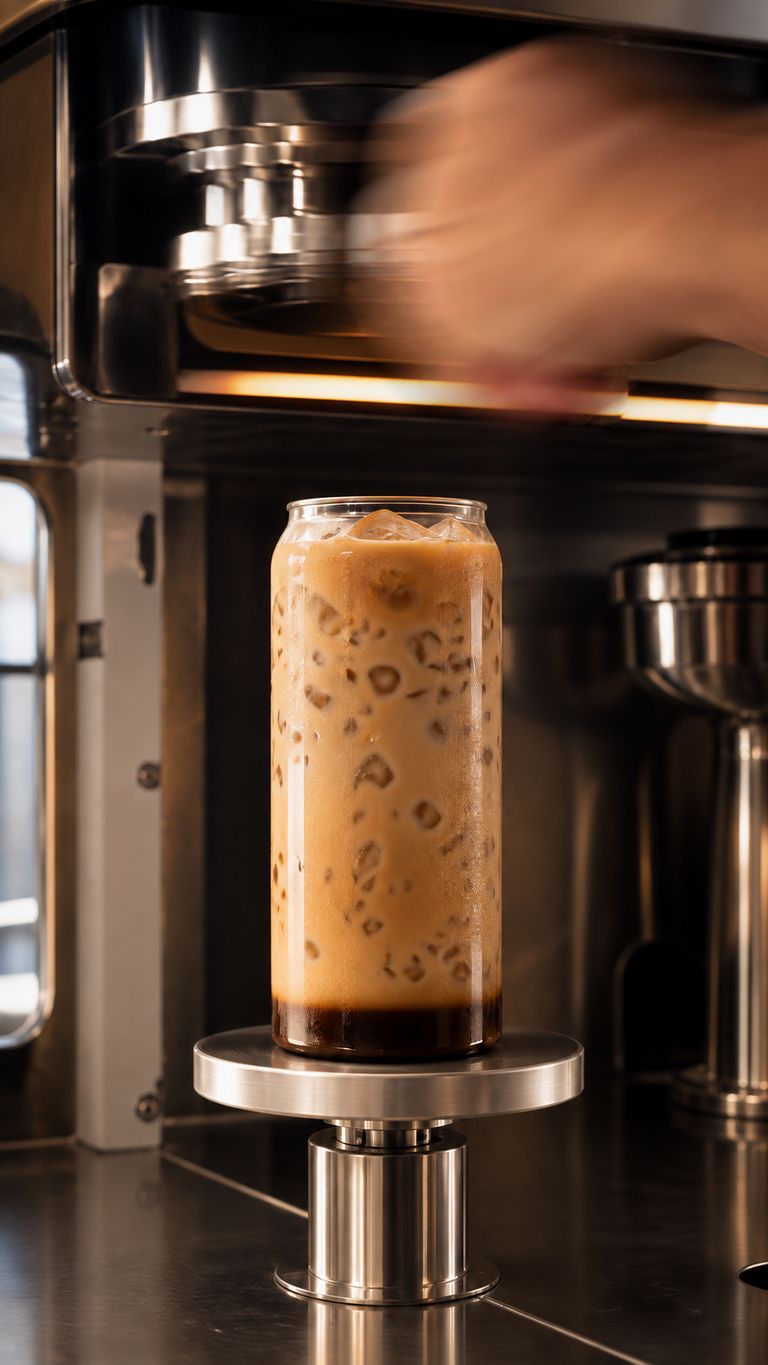A glass of iced latte on the platform under the espresso machine as a hand moves above it