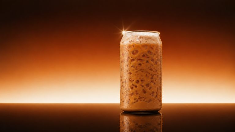 Iced caramel latte in a tall glass on a reflective black surface under a warm orange studio glow