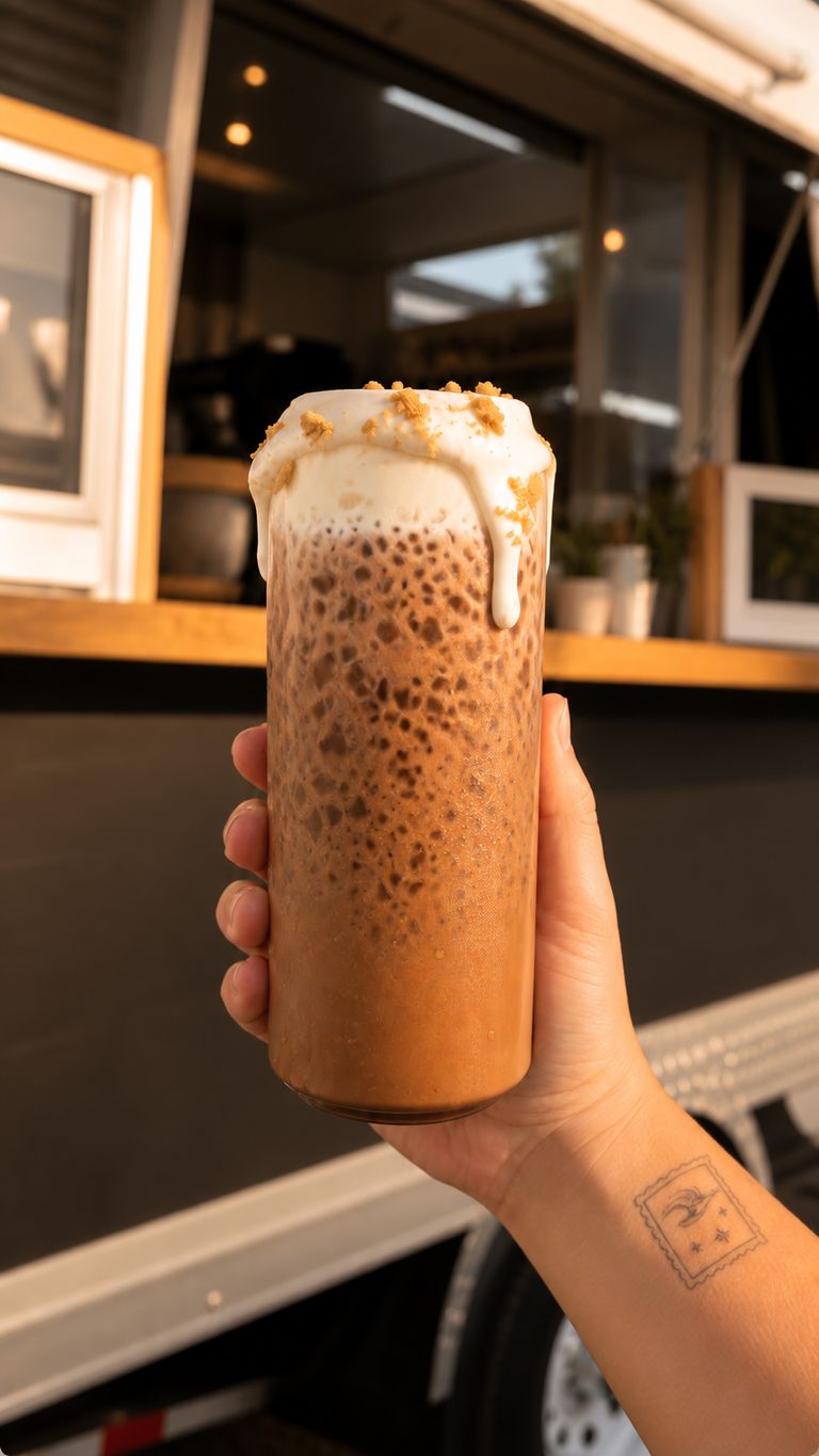 A hand holding an iced coffee topped with whipped cream and graham crumbs in front of the trailer service window