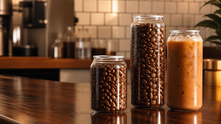 Two jars of roasted coffee beans and an iced latte on a dark wooden counter